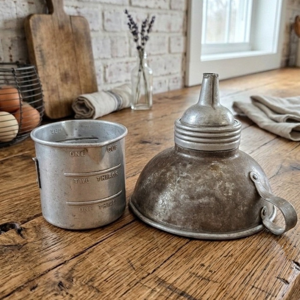 Vintage Aluminum 1 Cup Measuring Cup and Rustic Metal Funnel Kitchen Set